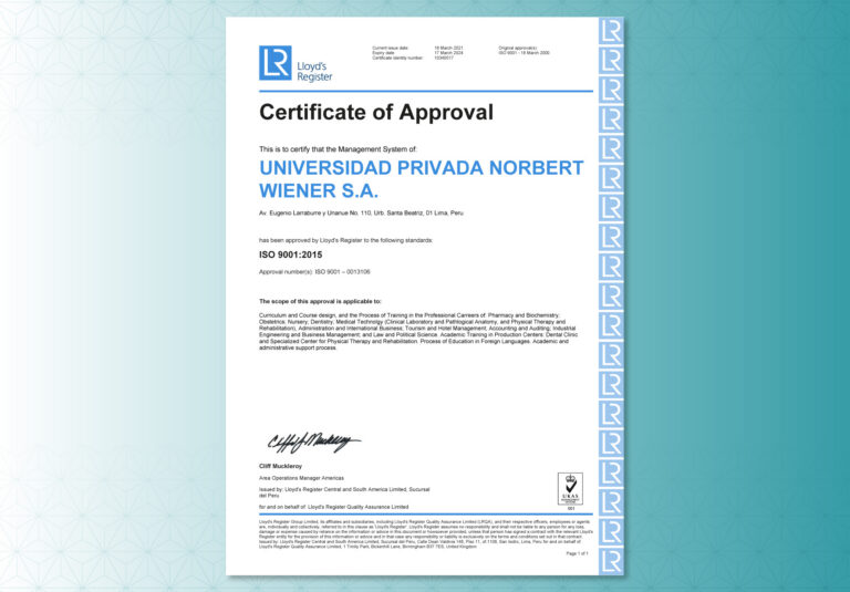 UNIVERSIDAD NORBERT WIENER RENUEVA SU CERTIFICACIÓN ISO 9001:2015 APROBADA POR LLOYD’S REGISTER