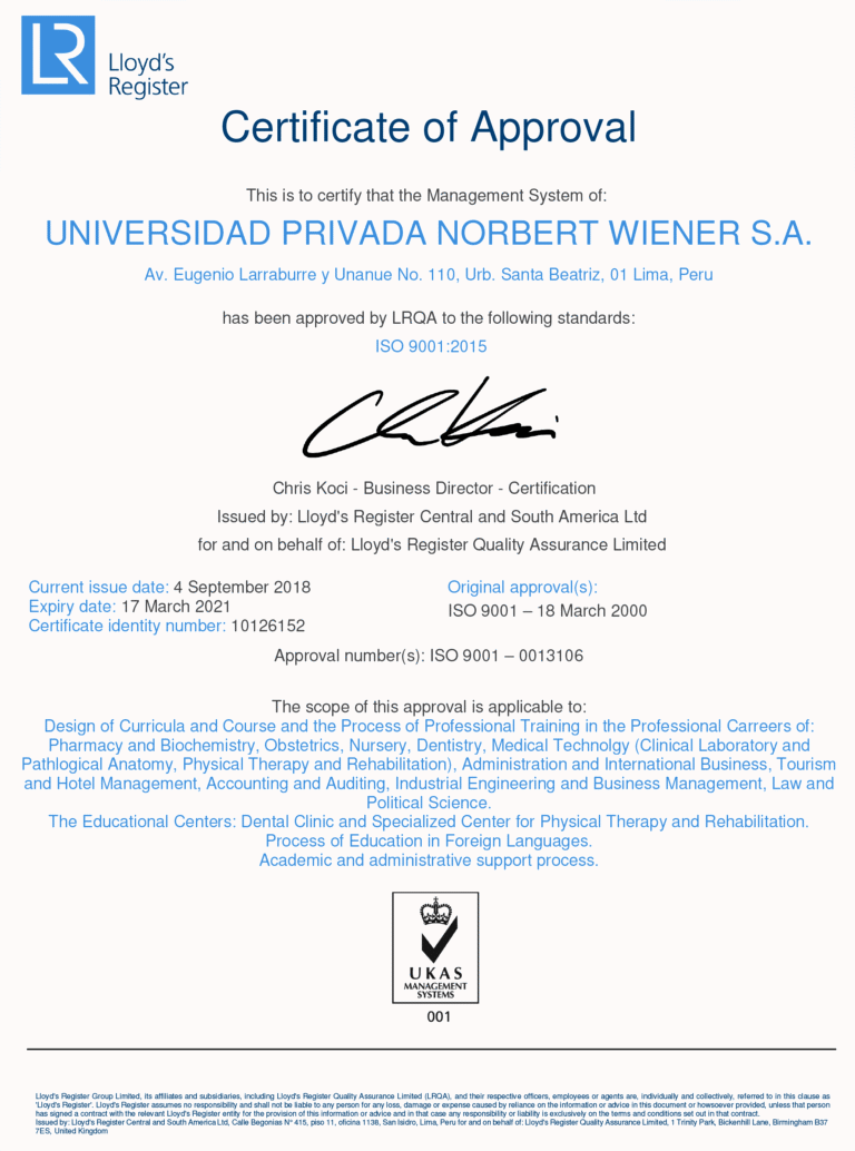 UNIVERSIDAD NORBERT WIENER OBTUVO CERTIFICACIÓN ISO 9001:2015 APROBADA POR LLOYD’S REGISTER